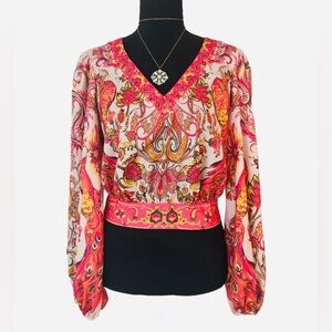 A PEACH ~ Vibrant Pink Paisley Floral Long Sleeve Backless V-Neck Top size S